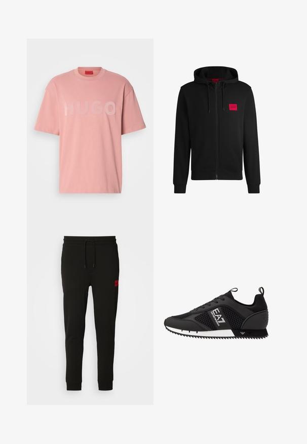 Sort zip-hoodie lavet af blødt stof, med et rødt rektangulært logo patch på venstre bryst og hætte med snore.; Lyserød kortærmet t-shirt lavet af blødt stof, med ordet "HUGO" i let hævede, glansfulde bogstaver over fronten.; Sorte sweatpants lavet af blødt stof, med elastik i taljen, slim fit og et rødt logo-patch på venstre lår.; EA7 Emporio Armani Sneakers - black/white