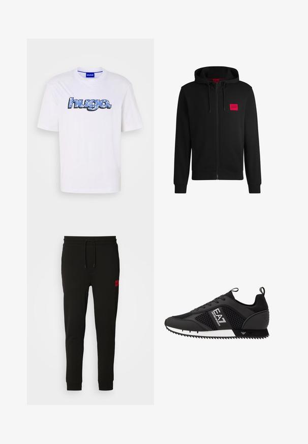 Black zip-up hoodie made of soft fabric, featuring a red rectangular logo patch on the left chest and drawstring hood.; White cotton t-shirt featuring a large, stylized "hugo" logo in blue and black, with a floral pattern. Crew neck and short sleeves.; Black sweatpants made of soft fabric, featuring a drawstring waist, slim fit, and a red logo patch on the left thigh.; EA7 Emporio Armani Trainers - black/white