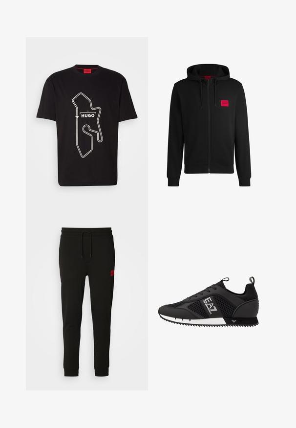 Black zip-up hoodie made of soft fabric, featuring a red rectangular logo patch on the left chest and drawstring hood.; Black cotton t-shirt featuring a white race track outline graphic and the word "HUGO" printed below. Crew neckline, short sleeves.; Black sweatpants made of soft fabric, featuring a drawstring waist, slim fit, and a red logo patch on the left thigh.; EA7 Emporio Armani Trainers - black/white