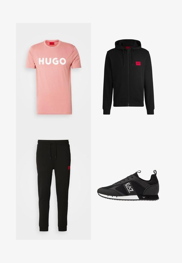 Sudadera negra con cremallera hecha de un tejido suave, con un parche rectangular rojo en el lado izquierdo del pecho y capucha con cordón.; Camiseta de algodón rosa claro con cuello redondo y mangas cortas, que presenta un llamativo texto en blanco "HUGO" en el frontal. Diseño simple y textura suave.; Pantalones de chándal negros hechos de tela suave, con cintura ajustable con cordón, corte slim y un parche de logo rojo en el muslo izquierdo.; EA7 Emporio Armani LACES UNISEX - Zapatillas - black/white