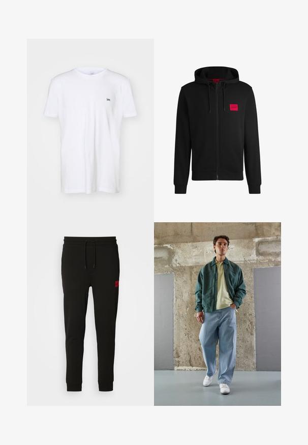 Moleton preto com fecho, feito de um tecido suave, apresentando um patch de logo retangular vermelho no lado esquerdo do peito e capuz com cordão.; T-shirt de algodão branco com mangas curtas, apresentando um pequeno logótipo em preto bordado "Lee" no lado esquerdo do peito. Design simples e clássico.; Calças de treino pretas feitas de um tecido macio, com cintura elástica ajustável, ajuste slim e um emblema vermelho na coxa esquerda.; Casaco bomber verde sobre uma polo amarelo claro, combinado com jeans azuis largos e tênis brancos. Tecidos suaves, ajuste descontraído, hardware minimalista.