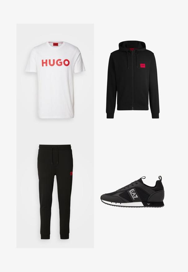 Mustmust sinine kapuutsiga ja pehme kangaga, millel on vasakul rinnal punane ristkülikukujuline logo ja nööriga kapuuts.; Valge puuvillane t-särk, mille esiküljel on julge punane "HUGO" kiri, ümar kaelus ja lühikesed varrukad. Sujuv tekstuur, klassikaline istuvus.; Musta trenningpükste komplekt, mis on valmistatud pehmest kangast, jooned paisutamiseks, kitsas lõige ja punane logopatch vasakul reiel.; EA7 Emporio Armani LACES UNISEX - Tossud - black/white