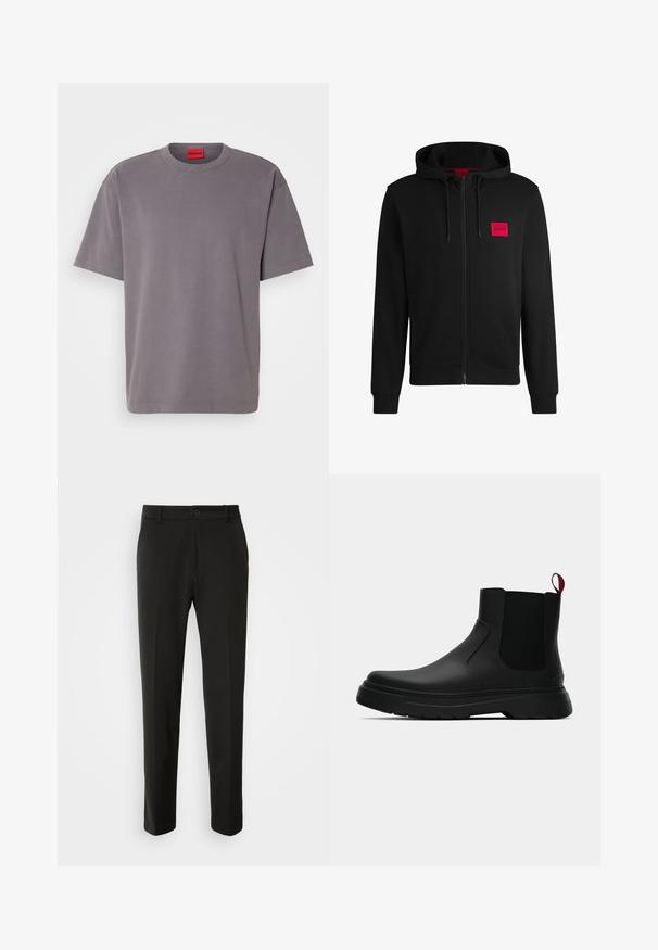 Black zip-up hoodie made of soft fabric, featuring a red rectangular logo patch on the left chest and drawstring hood.; Gray short-sleeve t-shirt in a soft cotton blend, featuring a round neckline and embossed "HUGO" logo on the front. Red tag inside collar.; Black trousers made of smooth fabric, featuring straight legs, a button closure, and a classic design suitable for formal or casual wear.; Black ankle boot with a smooth finish, elastic side panels, and a contrasting red pull tab, featuring a thick rubber sole and rounded toe.