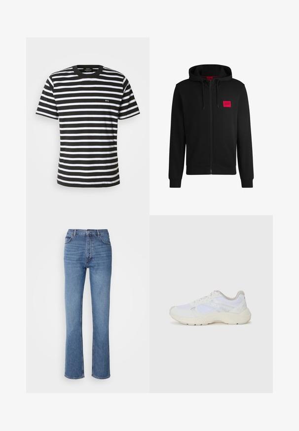 Svart hettejakke med glidelås laget av myk stoff, med et rødt rektangulært logo merke på venstre bryst og snorhette.; Svart og hvit stripete t-skjorte med rund hals, korte ermer, og et lite brodert "MN" foran. Laget av myk bomull.; Blå denimjeans med høy midje, rett ben-design og subtil falming. Har klassisk fem-lomme stil og glidelås lukking.; Hvit idrettssko laget av mesh og skinn, med en teksturert mellomsåle, teksturerte detaljer og "HUGO"-logo på siden.