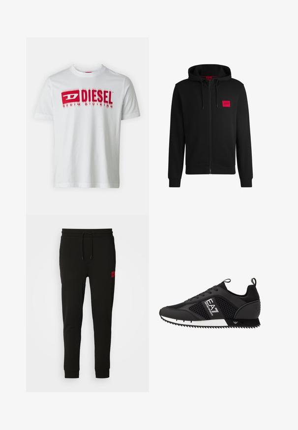 Juodas zip-up hoodie, pagamintas iš minkštos medžiagos, su raudonu stačiakampiu logotipo emblema kairiajame krūtinės šone ir su reguliuojama kapuce.; Baltas medvilnės marškinėliai su ryškiu raudonu logotipu, kuriame yra "DIESEL" ir "DENIM DIVISION". Trumpomis rankovėmis ir apvaliu iškirpimu.; Juodos sportinės kelnės, pagamintos iš minkštos medžiagos, su raišteliu juosmens srityje, siaura fasonu ir raudonu logotipo ženkleliu kairėje šlaunyje.; EA7 Emporio Armani LACES UNISEX - Sportbačiai - black/white