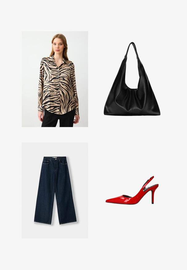 Grijze rits-hybride hoodie gemaakt van een zachte katoenmix, met een capuchon, kangoeroezakken en geribbelde mouwen. Ontspannen oversized pasvorm.; Langarmblouse van zijdezachte stof, met een beige basis en zwarte zebrapatronen. Knopsluiting aan de voorkant, klassieke kraag en afgeronde zoom.; Donkerblauwe, wijde spijkerbroek van denim. Beschikt over vijf zakken, een knoop- en ritssluiting, en contrasterende stiksels.; Rode lakleren slingback pump met een spitse neus en een slanke stilettohak, met een uitsnijding aan de zijkanten.; Zwarte leren hobo tas met een zachte, gebogen vorm. Heeft een brede bovenhandgreep en plooien aan de onderkant voor een slappe textuur.; Gouden meerlagige ketting met verschillende kettinglengtes, decoratieve hangers waaronder kruizen en rechthoekige bedels, met een gestructureerde afwerking.