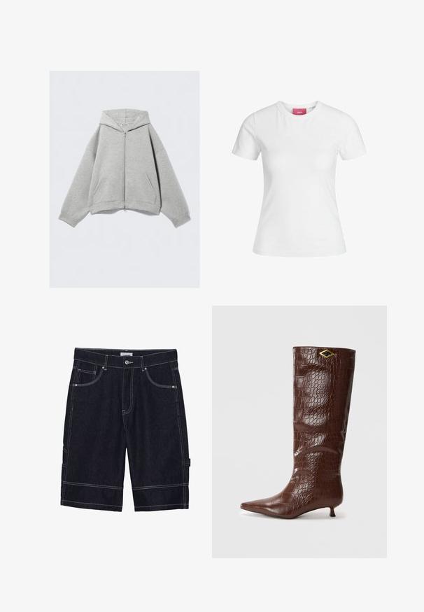 Gray zip-up hoodie made of soft cotton blend, featuring a hood, kangaroo pockets, and ribbed cuffs. Relaxed oversized fit.; White cotton t-shirt with short sleeves and a round neckline. Features a pink label on the inner neck. Smooth texture.; Dark denim shorts with contrast stitching, five pockets, a button closure, and a straight cut design. No visible patterns or textures.; Brown crocodile-patterned leather knee-high boots with a pointed toe and a small, square heel. Features a gold diamond-shaped accent.