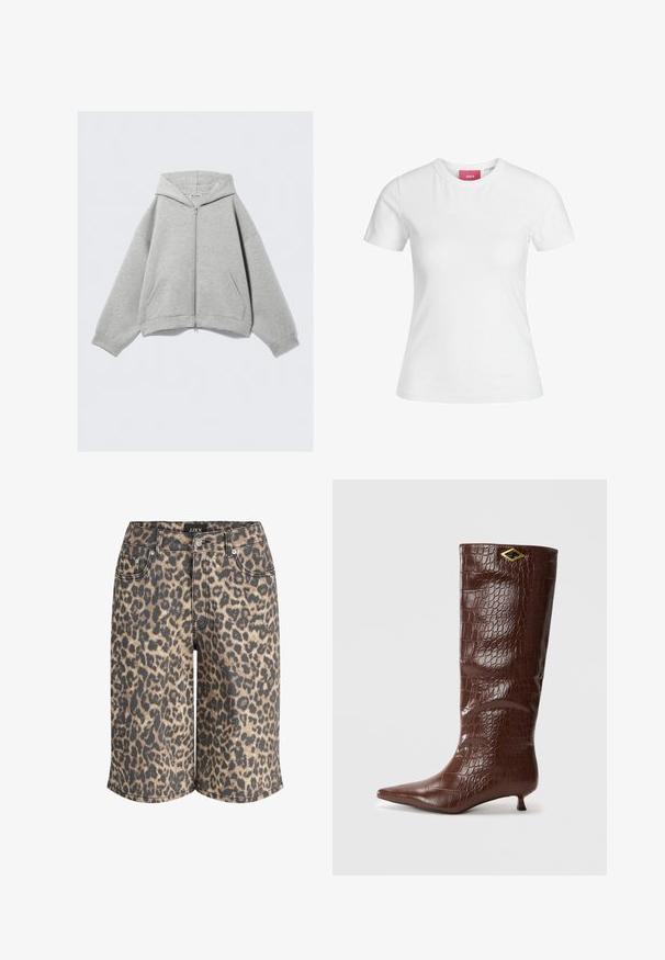 Harmaa vetoketjuhuppari, joka on valmistettu pehmeästä puuvillasekoitteesta. Siinä on huppu, kenguru-taskut ja ribbaus hihansuissa. Rentoa ylisuurta muotoilua.; Valkoinen puuvillapaita, jossa on lyhyet hihat ja pyöreä pääntie. Sisäkauluksessa on vaaleanpunainen etiketti. Sujuva kangas.; Shortsit, joissa on leopardi-kuvio, suora leikkaus, viisi taskua, nappikiinnitys ja merkkilogo vyötärönauhassa.; Ruske nahodne kožne čizme do kolena s uzorkom krokodila, s oštrom kapicom i malim, kvadratnim potpeticama. Imaju zlatni akcent u obliku dijamanta.