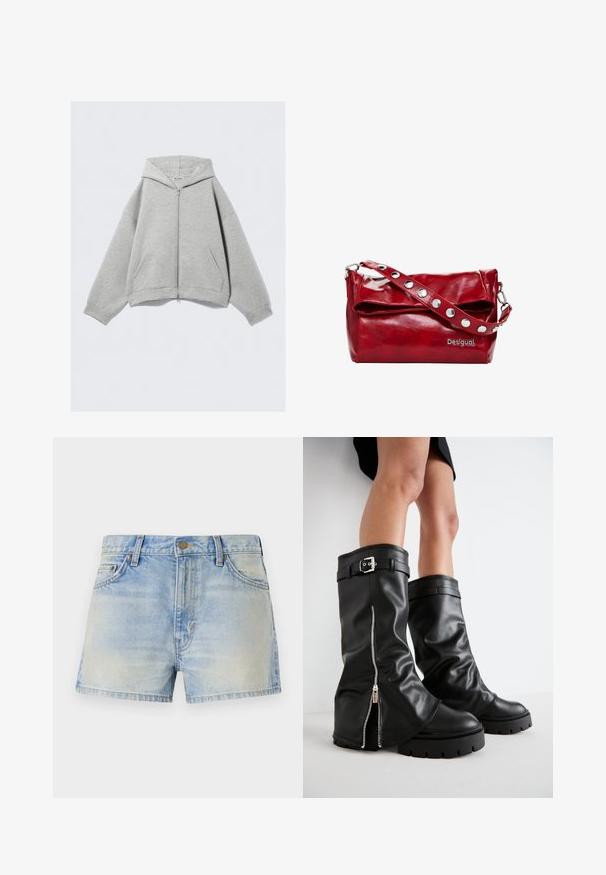 Grijze rits-hybride hoodie gemaakt van een zachte katoenmix, met een capuchon, kangoeroezakken en geribbelde mouwen. Ontspannen oversized pasvorm.; Witte katoenen t-shirt met een ronde halslijn, korte mouwen en een zwart Nike-logo centraal op de borst gedrukt. Eenvoudig en klassiek ontwerp.; Lichtblauwe denim shorts met een hoge taille, voorzien van twee voorzakken en subtiele vervaging voor een versleten uitstraling. Metalen knoopsluiting.; Zwarte leren kniehoge laarzen met een brede schacht, voorzien van een zijrits en een gespaccent, met een gestructureerde afwerking en een chunky rubberen zool.; Rode synthetische leren schoudertas met een omslagflap, zilveren drukknoopaccenten op de band, en een bedrukte "Desigual" logo.