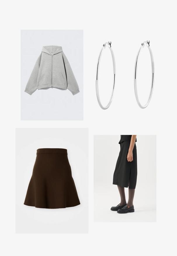 Sudadera gris con cremallera, fabricada en una suave mezcla de algodón, que cuenta con una capucha, bolsillos tipo canguro y puños de canalé. Ajuste relajado y de gran tamaño.; Camiseta de tirantes gris con cuello redondo y sin mangas. Textura suave y diseño ajustado, ideal para opciones casuales o para llevar en capas.; Falda marrón acampanada hecha de una tela suave con una textura lisa. Presenta una cinturilla ajustada y un diseño hasta la rodilla, sin patrones visibles.; Falda negra hasta la rodilla con abertura lateral, combinada con mocasines negros y medias marrones transparentes, con una tela suave y diseño sencillo.; Pendientes de aro de plata con una superficie lisa y pulida y una forma circular delgada. El diseño cuenta con un cierre seguro.
