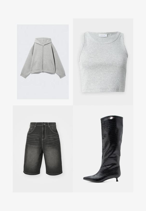 Haut à capuche gris zippé en mélange de coton doux, avec une capuche, des poches kangourou et des poignets côtelés. Coupe décontractée ample.; Débardeur gris côtelé avec un col rond et sans manches. Texture douce et coupe ajustée, idéal pour des looks décontractés ou en superposition.; Shorts en denim noir avec des coutures blanches, dotés de poches avant et d'une coupe décontractée, conçus avec un léger délavage près de la taille.; Botte noire à hauteur de genou en cuir verni embossé crocodile, avec un bout pointu et un petit talon kitten, agrémentée d'un accent angulaire en argent sur le dessus.