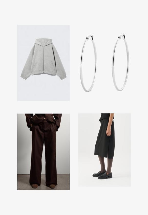 Felpa grigia con zip realizzata in morbido misto cotone, dotata di cappuccio, tasche a marsupio e polsini a coste. Vestibilità ampia e rilassata.; Top senza maniche a costine grigio con scollatura rotonda. Tessuto morbido e design aderente, adatto per look casual o in sovrapposizione.; Pantaloni larghi marroni realizzati in tessuto morbido, caratterizzati da una superficie liscia, con tasche laterali e una vestibilità sartoriale in vita.; Gonna nera alla lunghezza del ginocchio con spacco laterale, abbinata a mocassini neri e collant trasparenti marroni, caratterizzata da un tessuto liscio e un design semplice.; Orecchini a cerchio in argento con una superficie liscia e lucida e una forma circolare sottile. Il design presenta una chiusura sicura.