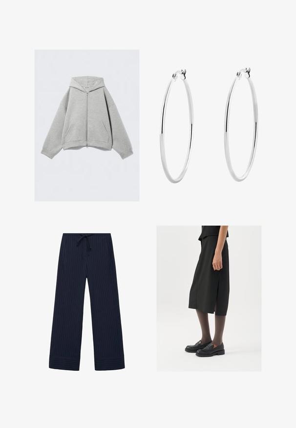 Sivi zip-up hoodie napravljen od meke mješavine pamuka, s kapuljačom, kenguruvim džepovima i rebrastim manžetama. Opusti i prevelik kroj.; Sivi rebrasti top bez rukava s okruglim izrezom. Mekana tekstura i prilagođeni dizajn, pogodan za ležerne kombinacije ili slojevito oblikovanje.; Mornarice hlače širokih nogavica s uzorkom pruga, s elastičnim pojasom i vezicom, bočnim džepovima i teksturiranim materijalom.; Crna suknja do koljena s bočnim prorezom, uparena s crnim loafericama i prozirnim smešnim čarapama, sa glatkom tkaninom i jednostavnim dizajnom.; Srebrne naušnice u obliku kružnice s glatkom, poliranom površinom i tankim, okruglim oblikom. Dizajn uključuje sigurno kopčanje.