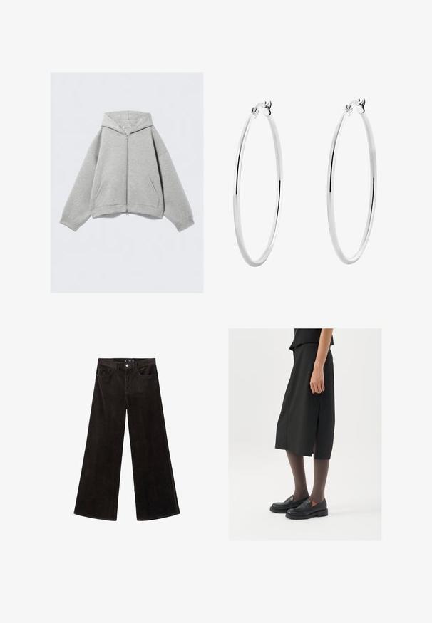 Šedá mikina na zip vyrobená z měkké směsi bavlny, s kapucí, klokankovými kapsami a žebrovanými manžetami. Uvolněný oversized střih.; Šedý žebrovaný tílko s kulatým výstřihem a bez rukávů. Měkká textura a přiléhavý střih, vhodné pro každodenní nošení nebo jako vrstvení.; Černé kordové kalhoty širokého střihu s vysokým pasem, předními kapsami a texturovanou tkaninou, s knoflíkovým zapínáním a poutky na opasek.; Černá sukně ke kolenům s bočním rozparkem, v kombinaci s černými loafers a průhlednými hnědými punčochami, vyrobená z hladkého materiálu a s jednoduchým designem.; Stříbrné kruhové náušnice s hladkým, leštěným povrchem a tenkým, kruhovým tvarem. Design obsahuje bezpečné zapínání.