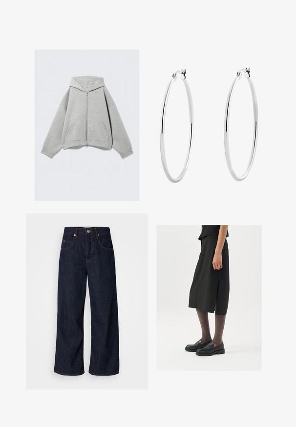 Grå zip-up hoodie i mjuk bomullsblandning, med huva, kängurufickor och ribbad mudd. Avslappnad oversized passform.; Grå ribbad linne med rund halsringning och utan ärmar. Mjuk känsla och figurnära design, lämplig för avslappnade eller lager-på-lager alternativ.; Vida jeans i mörkblått med vida ben, hög midja, två framfickor, knäppning och kontrasterande sömmar.; Svart knälång kjol med sidoklyv, kombinerad med svarta loafers och genomskinliga bruna strumpbyxor, med en slät textil och enkel design.; Silverörhängen med en slät, polerad yta och en tunn, cirkulär form. Designen har en säker låsning.
