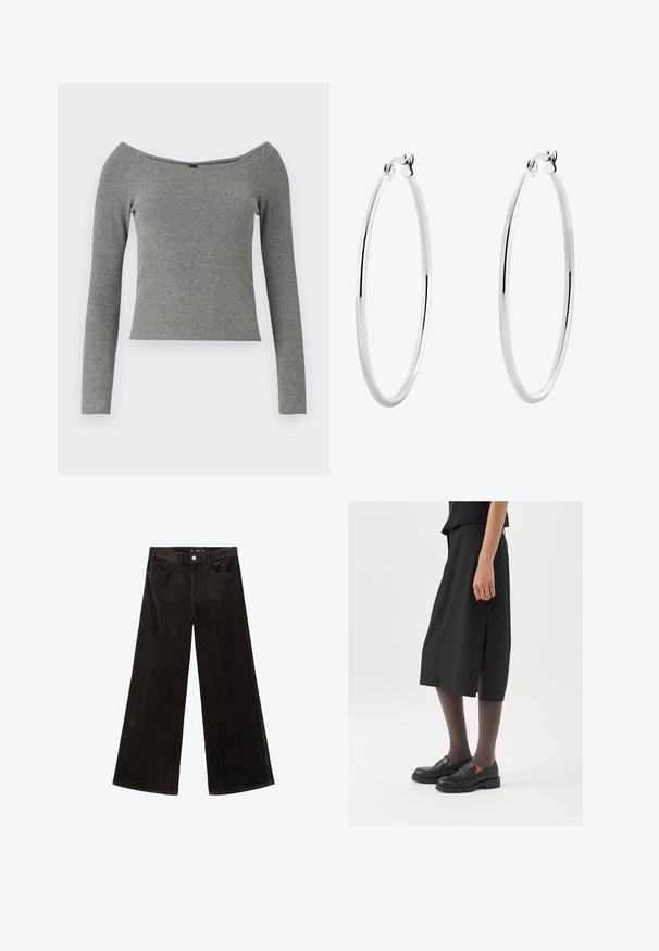 Grauer Reißverschluss-Hoodie aus weichem Baumwollmix, mit Kapuze, Kängurutaschen und gerippten Bündchen. Lockerer, oversized Schnitt.; Graues, geripptes Langarmoberteil mit schulterfreiem Ausschnitt, figurbetontem Schnitt und glatter Textur. Keine sichtbaren Hardware-Elemente oder Muster.; Schwarze Corduroy-Hosen mit weitem Bein und hohem Bund, Fronttaschen und einem strukturierten Stoff, ausgestattet mit einem Knopfverschluss und Gürtelschlaufen.; Schwarzer knielanger Rock mit seitlichem Schlitz, kombiniert mit schwarzen Loafers und transparenten braunen Strumpfhosen, aus glattem Stoff und mit einem schlichten Design.; Silberne Creolen mit einer glatten, polierten Oberfläche und nahtlosem Design, versehen mit abgerundeten Kanten und einem sicheren Verschluss.