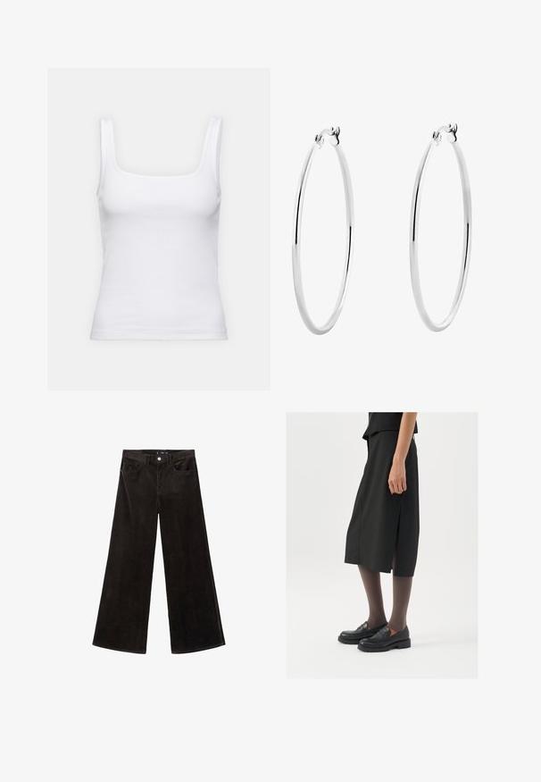 Felpa grigia con zip realizzata in morbido misto cotone, dotata di cappuccio, tasche a marsupio e polsini a coste. Vestibilità ampia e rilassata.; Top in cotone bianco a coste con scollatura quadrata e spalline sottili, realizzato in un tessuto elasticizzato.; Pantaloni in velluto a coste neri a gamba larga con vita alta, tasche frontali e tessuto testurizzato, dotati di chiusura con bottone e passanti per cintura.; Gonna nera alla lunghezza del ginocchio con spacco laterale, abbinata a mocassini neri e collant trasparenti marroni, caratterizzata da un tessuto liscio e un design semplice.; Orecchini a cerchio in argento con una superficie liscia e lucida e una forma circolare sottile. Il design presenta una chiusura sicura.