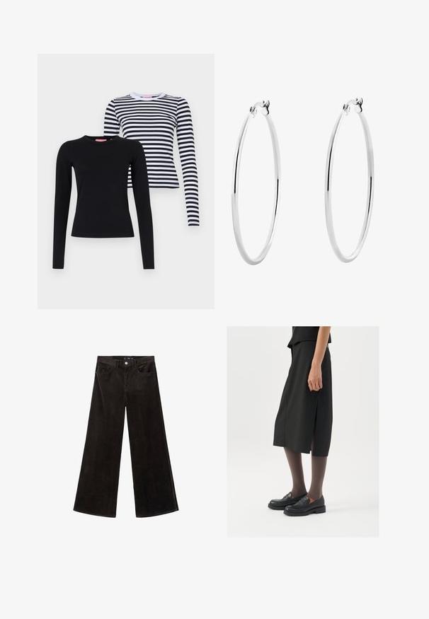 Sivi zip-up hoodie napravljen od meke mješavine pamuka, s kapuljačom, kenguruvim džepovima i rebrastim manžetama. Opusti i prevelik kroj.; Dva majice s dugim rukavima: jedna potpuno crna, a druga bijela s crnim horizontalnim prugama. Obe imaju okrugle izreze i prilagođeni su dizajn.; Crne kordura široke hlače s visokim strukom, prednjim džepovima i teksturiranom tkaninom, s kopčanjem na dugme i petljama za remen.; Crna suknja do koljena s bočnim prorezom, uparena s crnim loafericama i prozirnim smešnim čarapama, sa glatkom tkaninom i jednostavnim dizajnom.; Srebrne naušnice u obliku kružnice s glatkom, poliranom površinom i tankim, okruglim oblikom. Dizajn uključuje sigurno kopčanje.