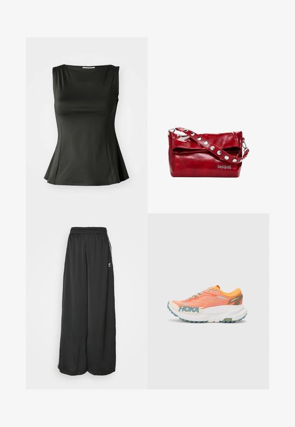 Gray zip-up hoodie made of soft cotton blend, featuring a hood, kangaroo pockets, and ribbed cuffs. Relaxed oversized fit.; Black sleeveless top made of smooth, stretchy fabric; features a flared hem and scoop neckline for a fitted yet relaxed silhouette.; Black loose-fitting track pants made of smooth fabric. Features an elastic waistband and side stripes with logo accents.; Orange and pink running shoe with mesh upper, white midsole, Vibram outsole, and light blue accents. Features HOKA branding on the side.; Red synthetic leather shoulder bag with a fold-over flap, silver snap accents on the strap, and a printed "Desigual" logo.