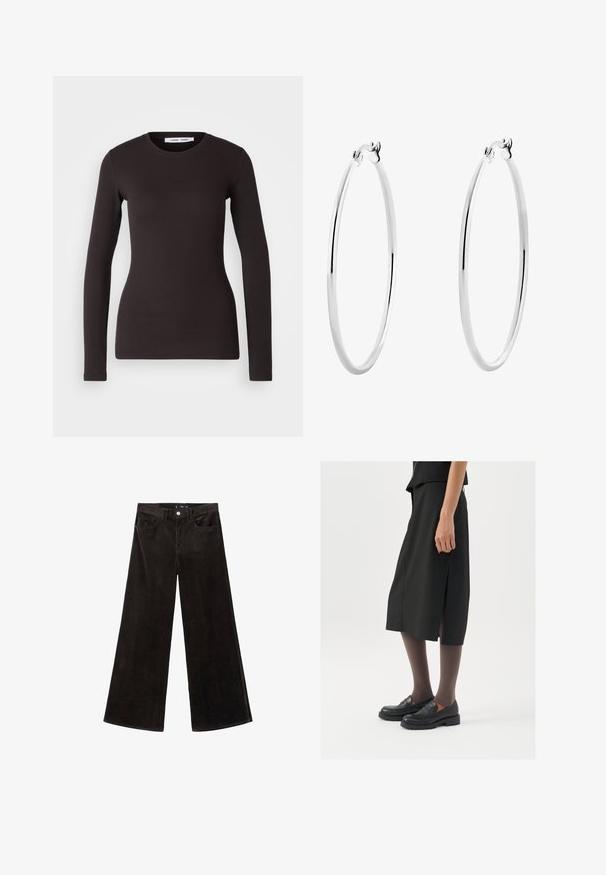 Gray zip-up hoodie made of soft cotton blend, featuring a hood, kangaroo pockets, and ribbed cuffs. Relaxed oversized fit.; Long-sleeve black top made of soft, stretchy fabric. Features a round neckline and slim fit with smooth texture and no visible patterns.; Black corduroy wide-leg pants with a high waist, front pockets, and a textured fabric, featuring a button closure and belt loops.; Black knee-length skirt with side slit, paired with black loafers and sheer brown tights, featuring a smooth fabric and simple design.; Silver hoop earrings with a smooth, polished surface and a thin, circular shape. The design features a secure clasp.