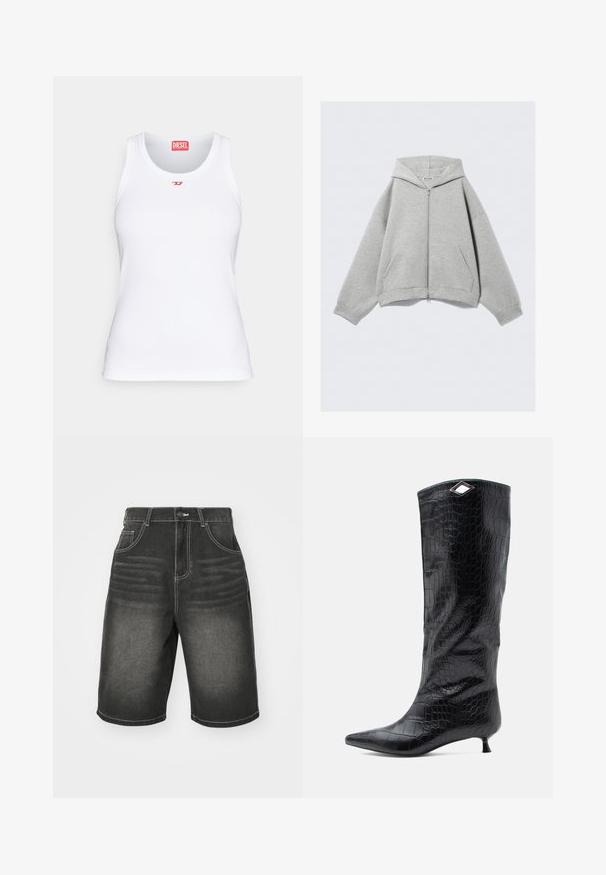 Hanorac gri cu fermoar, realizat dintr-un amestec moale de bumbac, având glugă, buzunare tip kengur și manșete ribbate. Ajustare relaxată, oversized.; Top alb din bumbac, cu decolteu rotund, slim fit, și un mic logo roșu Diesel pe piept. Textură netedă.; Shorts negri din denim cu cusături albe, prevăzuți cu buzunare frontale și o croială lejeră, proiectați cu o ușoară decolorare în apropierea taliei.; Botă neagră până la genunchi, din piele cu textură croc lucioasă, având vârful ascuțit și un toc mic de tip kitten heel, cu un accent unghiular argintiu în partea de sus.