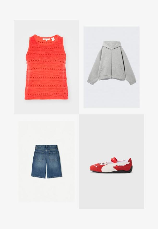 Grijze rits-hybride hoodie gemaakt van een zachte katoenmix, met een capuchon, kangoeroezakken en geribbelde mouwen. Ontspannen oversized pasvorm.; Koraalkleurige tanktop met een gestructureerd breipatroon, voorzien van horizontale strepen en opengewerkte details, ronde halslijn en mouwloos ontwerp.; Denim shorts in medium blue met een relaxte pasvorm, voorzien van twee achterzakken en een nette, rechte zoom. Klassiek vijfzakkenontwerp.; Rode en witte suède schoenen met een laag profiel, voorzien van elastische banden en een gemonteerd zwarte rubberen zool. Puma-logotype aan de zijkant.