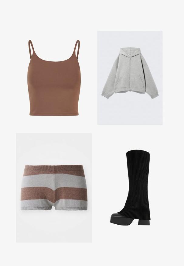 Felpa grigia con zip realizzata in morbido misto cotone, dotata di cappuccio, tasche a marsupio e polsini a coste. Vestibilità ampia e rilassata.; Top crop marrone realizzato in tessuto liscio con spalline sottili e regolabili. Presenta un collo rotondo e una silhouette aderente.; Shorts lavorati a maglia con strisce grigie e marroni. Presentano una vita aderente e una texture liscia, con un blocco di colori ben definito.; Stivale nero al ginocchio realizzato in tessuto a coste, con suola piatta chunky e tacco a blocco, caratterizzato da una texture liscia e da un design elegante e moderno.