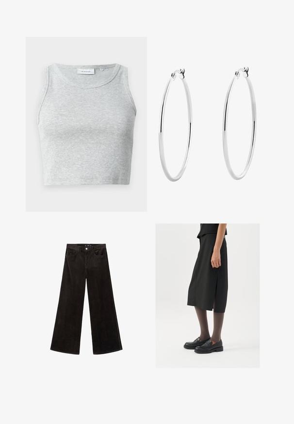 Grijze rits-hybride hoodie gemaakt van een zachte katoenmix, met een capuchon, kangoeroezakken en geribbelde mouwen. Ontspannen oversized pasvorm.; Grijze ribbel tanktop met een ronde hals en zonder mouwen. Zachte textuur en een getailleerd ontwerp, geschikt voor casual of om te combineren.; Zwarte corduroy wijde pijpen broek met een hoge taille, voorzakken en een gestructureerde stof, met een knoopsluiting en riemlussen.; Zwarte knielange rok met zijsplit, gecombineerd met zwarte loafers en doorzichtige bruine panty's, met een mooie stof en een eenvoudig ontwerp.; Zilveren oorringen met een gladde, gepolijste oppervlakte en een dunne, ronde vorm. Het ontwerp heeft een veilige sluiting.