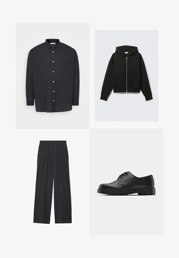 Črna zip-up kapuca iz mehkega blaga. Ima kapuco, sprednje žepe ter rebraste manšete in spodnji rob. Gladka tekstura brez vzorcev.; Črna srajca z dolgimi rokavi, gumbasta, izdelana iz lana, s standardnim ovratnikom, ki ima bele gumbe po sprednji strani in sproščen kroj.; Široke hlače iz temno sive tkanine. Imajo nabore na pasu, prilagojen dizajn in ravno silhueto.; Črne usnjene oksford čevlje z vezalkami, zaobljenim prstom, ravnim gumijastim podplatom in diskretnim šivanjem po zgornjem delu.