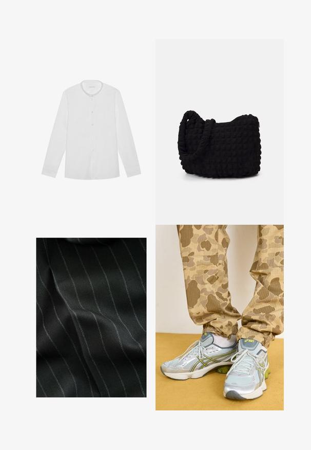 Černá mikina na zip vyrobená z měkké tkaniny. Obsahuje kapuci, přední kapsy a žebrované manžety a lem. Hladká textura bez vzorů.; Bílá dlouhá košile s knoflíky a mandarínským límečkem, se jedním náprsním kapsou, položena na jednobarevném pozadí.; Černá látka s vzorem rybí kosti a tenkými bílými pruhy. Textura se zdá být hladká s jemnou hloubkou od tkaní.; Světle šedé sportovní boty se stříbrnými akcenty, zelenými vycpávkami a texturovaným síťovaným svrškem, spárované s béžovými kalhotami s maskáčovým vzorem.; Černá látková taška s texturovaným, prošívaným vzorem. Zaoblený tvar, krátké, silné uchy a měkká, flexibilní struktura.
