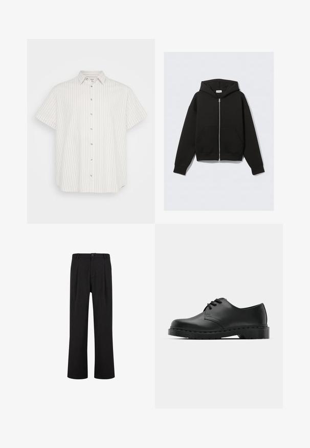 Schwarze Zip-Hemdjacke aus weichem Stoff. Verfügt über eine Kapuze, Fronttaschen und gerippte Bündchen und Saum. Glatte Textur ohne Muster.; Kurzärmliges Button-up-Hemd in hellbeige mit vertikalen Streifen in verschiedenen Farbtönen. Verfügt über einen klassischen Kragen und eine leichte Stofftextur.; Schwarze Hose mit geradem Schnitt, flachem Frontbereich und Falten. Hergestellt aus einem glatten Stoff mit Knopfverschluss und Gürtelschlaufen.; Schwarze Leder-Oxford-Schuhe mit Schnürdesign, runder Zehenform, flacher Gummisohle und subtilen Nähten entlang des oberen Teils.