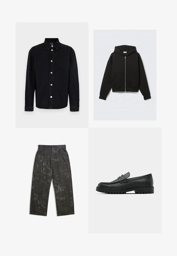 Haut de hoodie zippé noir en tissu doux. Comprend une capuche, des poches avant et des poignets et un ourlet côtelés. Texture lisse sans motifs.; Chemise en denim noir à manches longues, avec col boutonné et éléments en métal argenté. Présente une coupe droite et une texture lisse.; Pantalons en denim gris foncé avec une coupe décontractée, présentant des motifs mouchetés subtils et des accents en métal. Design à cinq poches.; Mocassins en cuir noir à bout arrondi, avec un design cousu, une semelle plateforme basse et une semelle en caoutchouc texturée et crantée.