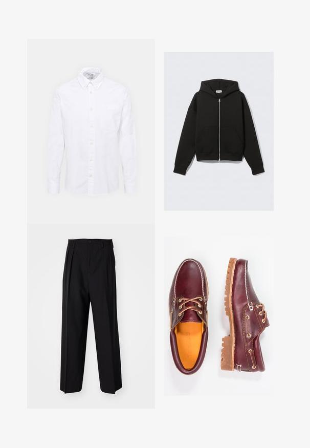 Černá mikina na zip vyrobená z měkké tkaniny. Obsahuje kapuci, přední kapsy a žebrované manžety a lem. Hladká textura bez vzorů.; Bílá košile s knoflíky vyrobená z bavlny. Obsahuje klasický límec, přední kapsu a dlouhé rukávy. Hladká textura s jemným leskem.; Černé skládací kalhoty s rovnými, širokými nohavicemi. Vyrobené z hladké tkaniny, se zapínáním na knoflík a poutky na opasek.; Burgundské kožené boty s hnědými gumovými podrážkami, kulatou špičkou, bílým prošíváním a zlatými očky. Interiér obsahuje žlutou podšívku.