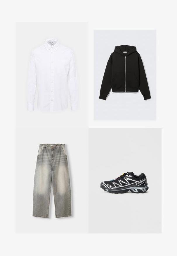 Črna zip-up kapuca iz mehkega blaga. Ima kapuco, sprednje žepe ter rebraste manšete in spodnji rob. Gladka tekstura brez vzorcev.; Bela srajca z gumbi, izdelana iz bombaža. Ima klasičen ovratnik, sprednji žep in dolge rokave. Gladka tekstura z rahlo sijajem.; Široke kavbojke v svetlo sivi pranju. Imajo izbledele končne obdelave, pet žepov in zapiranje na gumb. Material je mehak denim.; Črne tekaške čevlje s srebrnimi akcenti, GORE-TEX materialom, teksturiranim podplatom in barvnimi vezalkami. Imajo oblazinjeno peto za podporo.