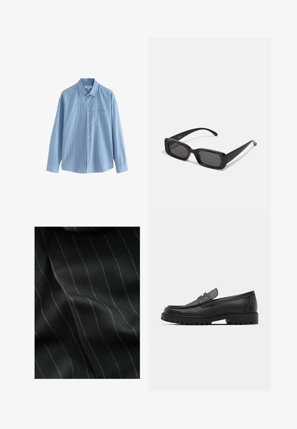 Musta vetoketjullinen huppari, joka on valmistettu pehmeästä kankaasta. Varusteina huppu, etutaskut sekä ribattu hihansuut ja helma. Sujuva pinta ilman kuvioita.; Vaaleansininen pitkähihainen paita, jossa on pystysuoria valkoisia ja sinisiä raitoja, napitus edessä, klassinen kaulus ja vasemmalla rinnassa rintatasku.; Mustat kangas, jossa on herringbone-kuvio ja ohuita valkoisia viivoja. Tekstuurissa on sileä pinta, jossa on hienovaraista syvyysvaikutelmaa kankaan kudoksesta.; Musta nahkaloafers, joissa on pyöreä kärki, ommeltu pinta, matala alusta ja kuvioitu, kuminen ulkopohja.; Mustat suorakaiteen muotoiset aurinkolasit, joissa tummat linssit, kiiltävä pinta, leveät sangan varret ja massiivinen kehysmuotoilu. Yhden sangansivun kaiverrettu brändinimi.; Musta kangaspussi, jossa on teksturoitu, tikkikuvio. Pyöreä muoto, lyhyet, paksut kahvat ja pehmeä, joustava rakenne.