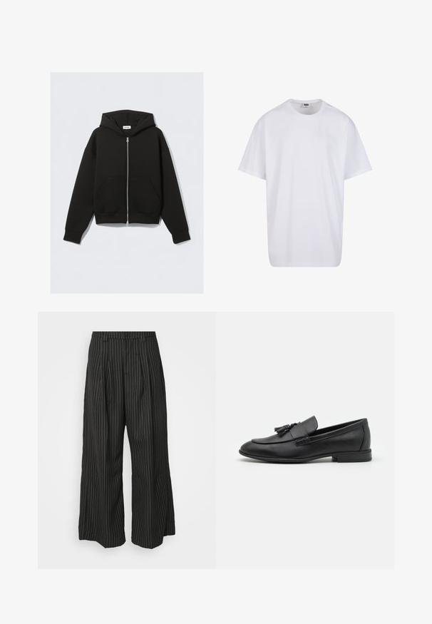Black zip-up hoodie made of soft fabric. Features a hood, front pockets, and ribbed cuffs and hem. Smooth texture with no patterns.; White cotton t-shirt with short sleeves, rounded neckline, relaxed fit, and no visible logos or patterns. Smooth texture and minimal design.; Black pinstriped wide-leg trousers with pleats, featuring a tailored design and a soft texture. No visible hardware or accents.; Black leather loafers with a smooth finish, featuring a tassel accent on the front, rounded toe, and low heel. Simple and sleek design.