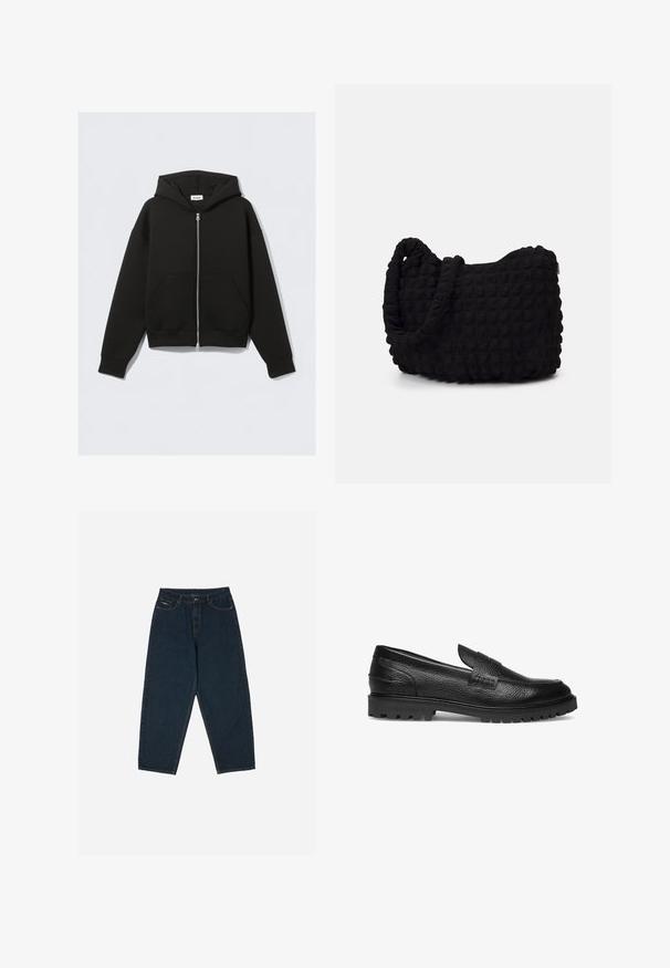 Black zip-up hoodie made of soft fabric. Features a hood, front pockets, and ribbed cuffs and hem. Smooth texture with no patterns.; Pack of five black crew-neck t-shirts. Short sleeves, cotton material, standard fit. Smooth texture with no visible patterns or embellishments.; Dark blue high-waisted jeans with a relaxed fit, featuring five pockets and a button closure. Made from denim with a smooth texture.; Les Deux THATCHER GRAINY PENNY LOAFER - Slip-ons - black; Black fabric bag with a textured, quilted pattern. Rounded shape, short, thick handles, and a soft, flexible structure.