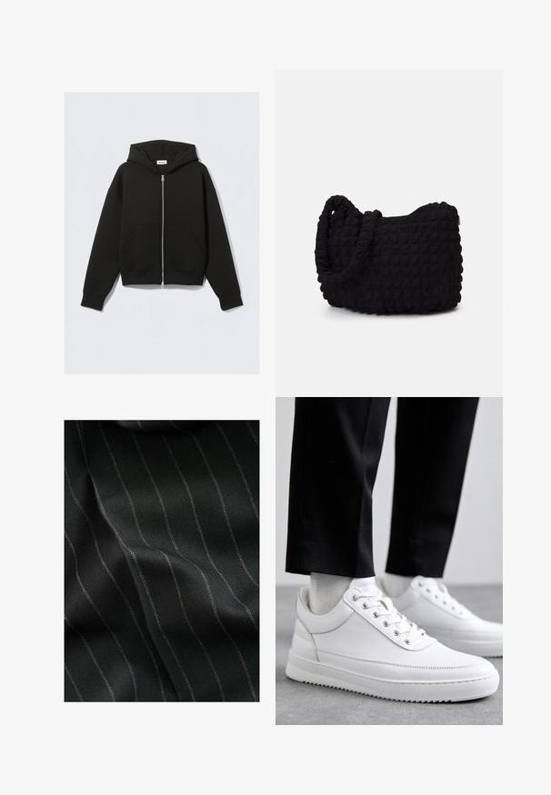 Melnas jaku ar rāvējslēdzēju, kas izgatavota no mīksta auduma. Iespējami kapuci, priekšējās kabatas un ribotās piedurknes un apakšmalas. Gluda tekstūra bez rakstiem.; Piecu melnu T-kreklu komplekts ar garām piedurknēm. Īsas piedurknes, kokvilnas materiāls, standarta piegriezums. Gluda tekstūra bez redzamām rakstām vai rotājumiem.; Melns audums ar siksniņu rakstu un plānām baltām svītrām. Tekstūra izskatās gluda ar smalku dziļumu no aušanas.; Baltas ādas kedas ar plakanu gumijas zoli, kas piedāvā gludu apdari, apaļu purngalu un metāla caurules šņorēm. Valkātas ar melnām biksēm.; Melnas auduma soma ar strukturētu, quiltotu rakstu. Apaļa forma, īsas, resnas rokturi un mīksta, elastīga konstrukcija.