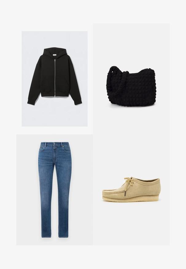 Haut de hoodie zippé noir en tissu doux. Comprend une capuche, des poches avant et des poignets et un ourlet côtelés. Texture lisse sans motifs.; Pack de cinq t-shirts noirs à col rond. Manches courtes, en coton, coupe standard. Texture lisse sans motifs ni embellissements visibles.; Jeans en denim bleu coupe droite avec fermeture à bouton à l'avant, fermeture éclair et cinq poches, affichés sur un fond blanc.; Chaussure en daim beige avec un design à lacets, des détails cousus et une semelle en caoutchouc. La forme est décontractée avec un léger talon compensé.; Sac en tissu noir avec un motif texturé et matelassé. Forme arrondie, poignées courtes et épaisses, et structure souple et flexible.