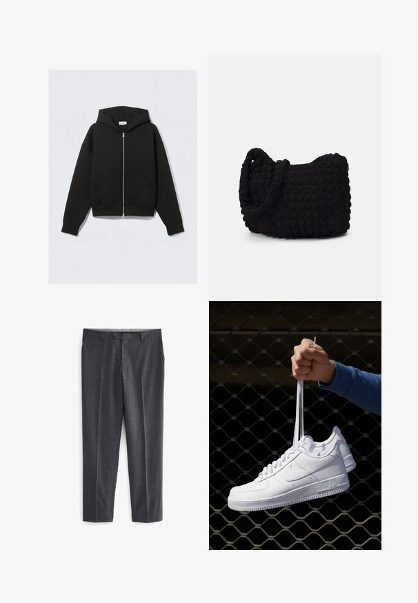Sort zip-up hættetrøje lavet af blødt stof. Har en hætte, lommer foran og ribbede manchetter og kant. Glat tekstur uden mønstre.; Pakke med fem sorte crew-neck T-shirts. Korte ærmer, lavet af bomuld, standart pasform. Glat tekstur uden synlige mønstre eller udsmykninger.; Grå skræddersyede bukser med et struktureret mønster, to forlommer, bæltestropper og en enkelt knaplukning i taljen.; Hvide lædersneakers med perforeringer, rund tå, flad sål og tykke snørebånd, med et synligt swoosh-logo og "AIR" på hælen.; Sort stofpose med en struktureret, quilted mønster. Rund form, korte, tykke håndtag, og en blød, fleksibel struktur.