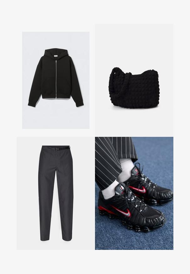 Musta vetoketjullinen huppari, joka on valmistettu pehmeästä kankaasta. Varusteina huppu, etutaskut sekä ribattu hihansuut ja helma. Sujuva pinta ilman kuvioita.; Pakka viisi mustaa crew-neck t-paitaa. Lyhyet hihat, puuvillakangasta, normaali istuvuus. Suloinen rakenne ilman näkyviä kuvioita tai koristeita.; Tummanharmaat housut, joissa on sileä pinta, joustava vyötärö vyöllä ja kaksi etutaskua käytännöllisyyttä varten.; Mustat urheilukengät, joissa on punaisia ja hopeisia yksityiskohtia, verkkomateriaalia ja teksturoitua synteettistä materiaalia, nauhaketju ja näkyvä pehmustettu pohja.; Musta kangaspussi, jossa on teksturoitu, tikkikuvio. Pyöreä muoto, lyhyet, paksut kahvat ja pehmeä, joustava rakenne.