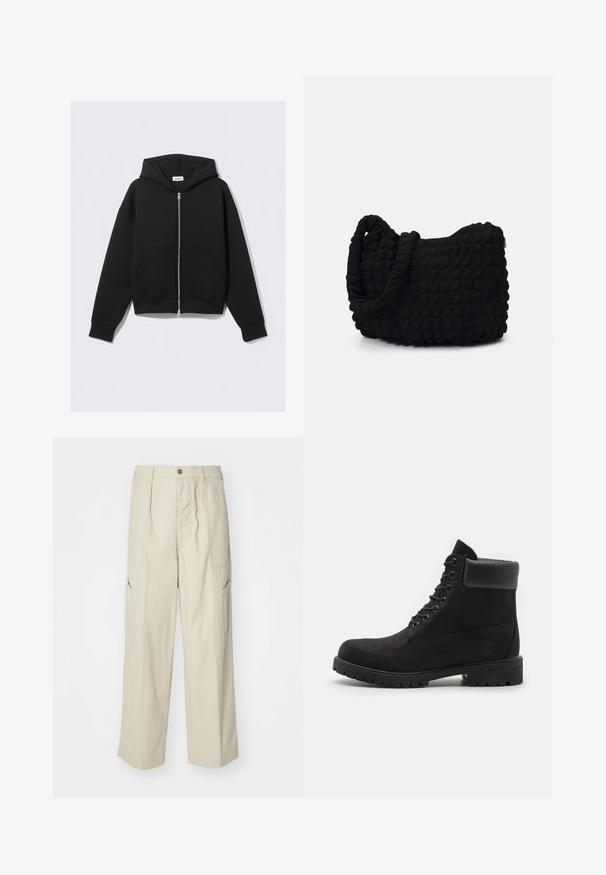 Černá mikina na zip vyrobená z měkké tkaniny. Obsahuje kapuci, přední kapsy a žebrované manžety a lem. Hladká textura bez vzorů.; Balení pěti černých triček s kulatým výstřihem. Krátké rukávy, bavlněný materiál, standardní střih. Hladký povrch bez viditelných vzorů nebo ozdob.; Béžové cargo kalhoty s volným střihem, dvěma předními kapsami a mírně strukturovanou tkaninou. Mají zapínání na knoflík a široké nohavice.; Černé kotníkové boty na šněrování s polstrovaným límcem a robustní podrážkou, zobrazené v profilu na bílém pozadí.; Černá látková taška s texturovaným, prošívaným vzorem. Zaoblený tvar, krátké, silné uchy a měkká, flexibilní struktura.