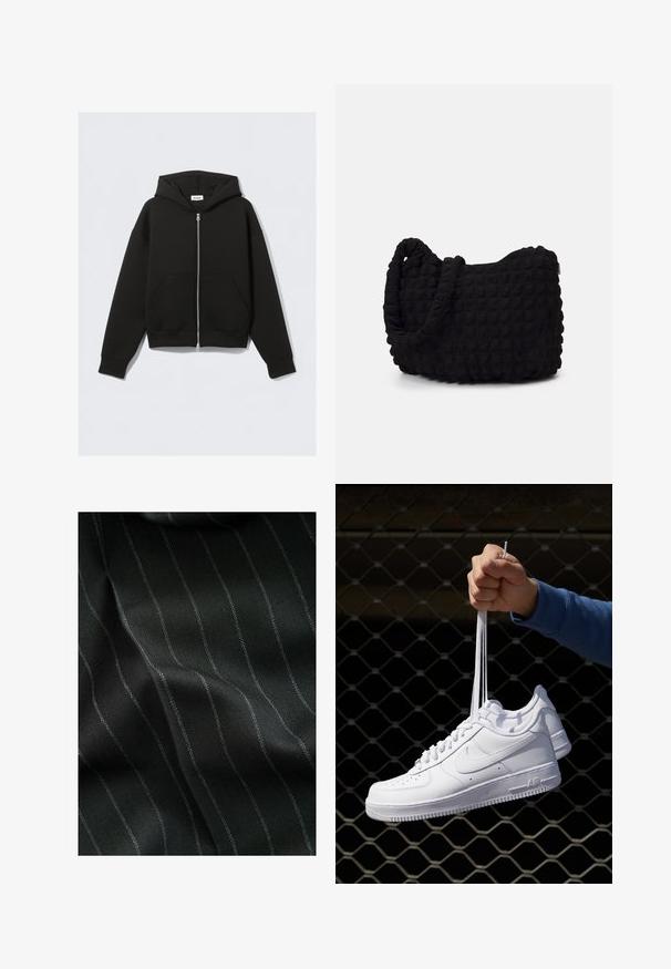 Melnas jaku ar rāvējslēdzēju, kas izgatavota no mīksta auduma. Iespējami kapuci, priekšējās kabatas un ribotās piedurknes un apakšmalas. Gluda tekstūra bez rakstiem.; Piecu melnu T-kreklu komplekts ar garām piedurknēm. Īsas piedurknes, kokvilnas materiāls, standarta piegriezums. Gluda tekstūra bez redzamām rakstām vai rotājumiem.; Melns audums ar siksniņu rakstu un plānām baltām svītrām. Tekstūra izskatās gluda ar smalku dziļumu no aušanas.; Baltas ādas sporta apavi ar perforācijām, apaļu purngali, plakanu zoli un biezām šņorēm, ar redzamu swoosh logo un vārdu "AIR" uz papēža.; Melnas auduma soma ar strukturētu, quiltotu rakstu. Apaļa forma, īsas, resnas rokturi un mīksta, elastīga konstrukcija.