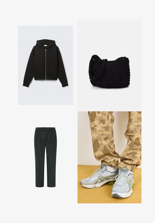 Melnas jaku ar rāvējslēdzēju, kas izgatavota no mīksta auduma. Iespējami kapuci, priekšējās kabatas un ribotās piedurknes un apakšmalas. Gluda tekstūra bez rakstiem.; Piecu melnu T-kreklu komplekts ar garām piedurknēm. Īsas piedurknes, kokvilnas materiāls, standarta piegriezums. Gluda tekstūra bez redzamām rakstām vai rotājumiem.; Tumši pelēki piegriezti bikses ar taisnu kāju dizainu, ar vienu pogas aizdari un priekšējām krokām, izgatavotas no teksturēta auduma.; Gaiši pelēki sporta apavi ar sudraba akcentiem, zaļu polsterējumu un teksturētu siets materiālu, savienoti ar bēša krāsas kamuflāžas raksta biksēm.; Melnas auduma soma ar strukturētu, quiltotu rakstu. Apaļa forma, īsas, resnas rokturi un mīksta, elastīga konstrukcija.