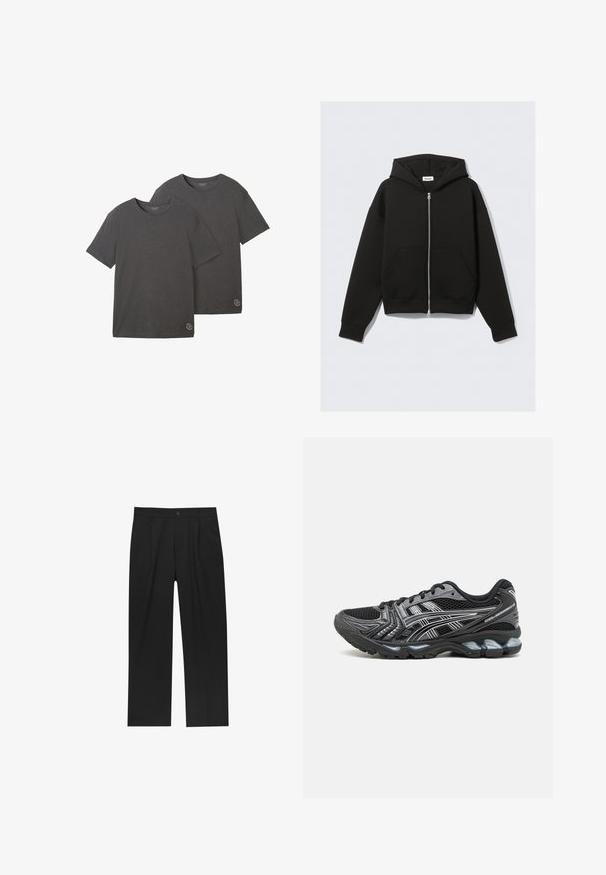 Černá mikina na zip vyrobená z měkké tkaniny. Obsahuje kapuci, přední kapsy a žebrované manžety a lem. Hladká textura bez vzorů.; Dvoje triček s krátkým rukávem v antracitově šedé barvě, vyrobených z měkké směsi bavlny, s kulatým výstřihem a malým logem na lemu.; Černé kalhoty s rovnými nohavicemi, vyrobené z hladké tkaniny. Mají přední záhyby a jedno knoflíkové zapínání v pase.; Černá sportovní bota s vrchní částí ze síťoviny, stříbrnými akcenty a polstrovanou podrážkou. Obsahuje šněrovací design a texturovaný vzor pro lepší přilnavost.