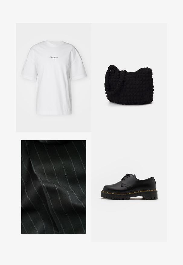 Sort zip-up hættetrøje lavet af blødt stof. Har en hætte, lommer foran og ribbede manchetter og kant. Glat tekstur uden mønstre.; Hvid bomulds t-shirt med rund hals og korte ærmer. Har et lille sort teksttryk "ORIGINALS est. 1970" på forsiden.; Sort stof med et fiskebensmønster og fine hvide striber. Teksturen virker glat med subtile dybder fra vævningen.; Sort læder snøresko med en rund tå, tekstureret gummisål og gule stikninger omkring bunden. Flad design og glat finish.; Sort stofpose med en struktureret, quilted mønster. Rund form, korte, tykke håndtag, og en blød, fleksibel struktur.