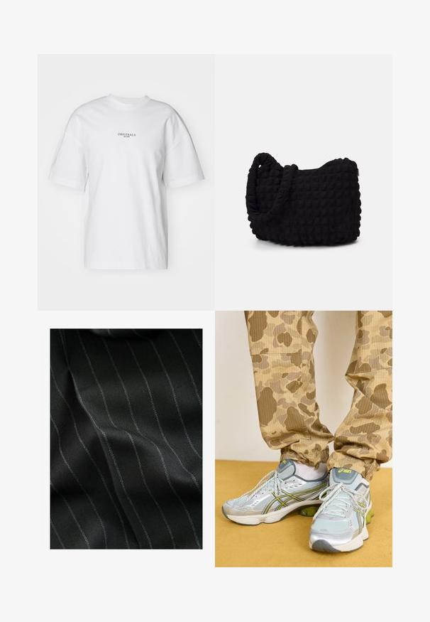 Černá mikina na zip vyrobená z měkké tkaniny. Obsahuje kapuci, přední kapsy a žebrované manžety a lem. Hladká textura bez vzorů.; Bílý bavlněný tričko s kulatým výstřihem a krátkými rukávy. Na přední straně je malý černý potisk s textem "ORIGINALS est. 1970".; Černá látka s vzorem rybí kosti a tenkými bílými pruhy. Textura se zdá být hladká s jemnou hloubkou od tkaní.; Světle šedé sportovní boty se stříbrnými akcenty, zelenými vycpávkami a texturovaným síťovaným svrškem, spárované s béžovými kalhotami s maskáčovým vzorem.; Černá látková taška s texturovaným, prošívaným vzorem. Zaoblený tvar, krátké, silné uchy a měkká, flexibilní struktura.