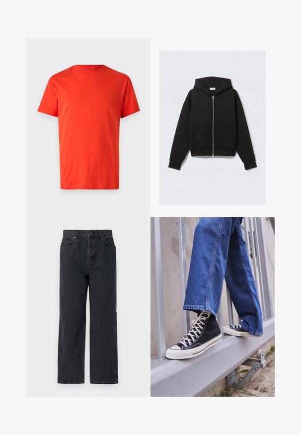 Črna zip-up kapuca iz mehkega blaga. Ima kapuco, sprednje žepe ter rebraste manšete in spodnji rob. Gladka tekstura brez vzorcev.; Rdeča bombažna majica s kratkimi rokavi, okroglo izrezana, z detajlom logotipa v tonu na levi prsni strani. Gladka tekstura in običajen kroj.; Temno modri kavbojki z širokimi hlačnicami, zasnovo petih žepov in gumbom za zapiranje. Vključujejo podrobnosti iz bakrovo obarvanega kovinskega materiala in subtilno teksturo.; Črne visoke teniske z belim podplatom in vezalkami, v kombinaciji z ohlapnimi modrimi džinsom, naslonjene na sivo ograjo.