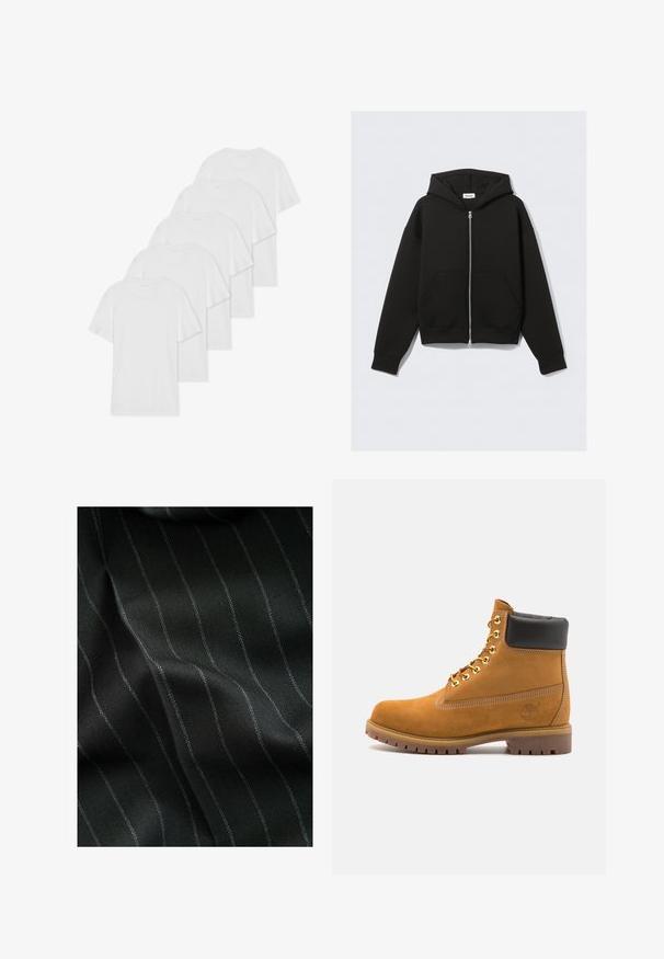 Sudadera con cremallera negra hecha de tejido suave. Presenta una capucha, bolsillos frontales y puños y dobladillo acanalados. Textura lisa sin patrones.; Seis camisetas de algodón blancas de manga corta y cuellos redondos dispuestas en una fila, con una textura suave y sin patrones visibles.; Tela negra con un patrón de espiga y delgadas rayas blancas. La textura parece suave con una sutil profundidad gracias al tejido.; Botín de ante marrón claro con collar acolchado negro, ojales de metal dorado, detalles de costura blanca y suela de goma resistente con tacos pronunciados.