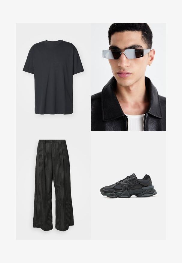 Zwarte zip-up hoodie van zachte stof. Beschikt over een capuchon, voorkeurszakken en ribgebreide manchetten en onderrand. Glad van textuur zonder patronen.; Zwarte katoen t-shirt met korte mouwen, ronde halslijn, relaxte pasvorm en een zachte textuur. Geen zichtbare patronen of extra details.; Zwarte gestreepte wijde broek met plooien, met een op maat gemaakt ontwerp en een zachte textuur. Geen zichtbare hardware of accenten.; Zwarte hardloopschoen met een mix van mesh en synthetische materialen, een stevige zool, gebogen ontwerp en prominente branding op de zijkant.; Hoekige, grijsgetinte zonnebril met zilveren accenten, tegen een lichte achtergrond. De lenzen hebben een unieke geometrische vorm.